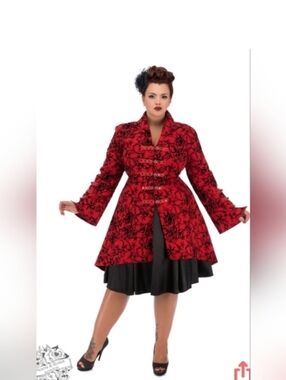 Hearts And Roses Flocked Tattoo Coat With Corset Back, Size 14